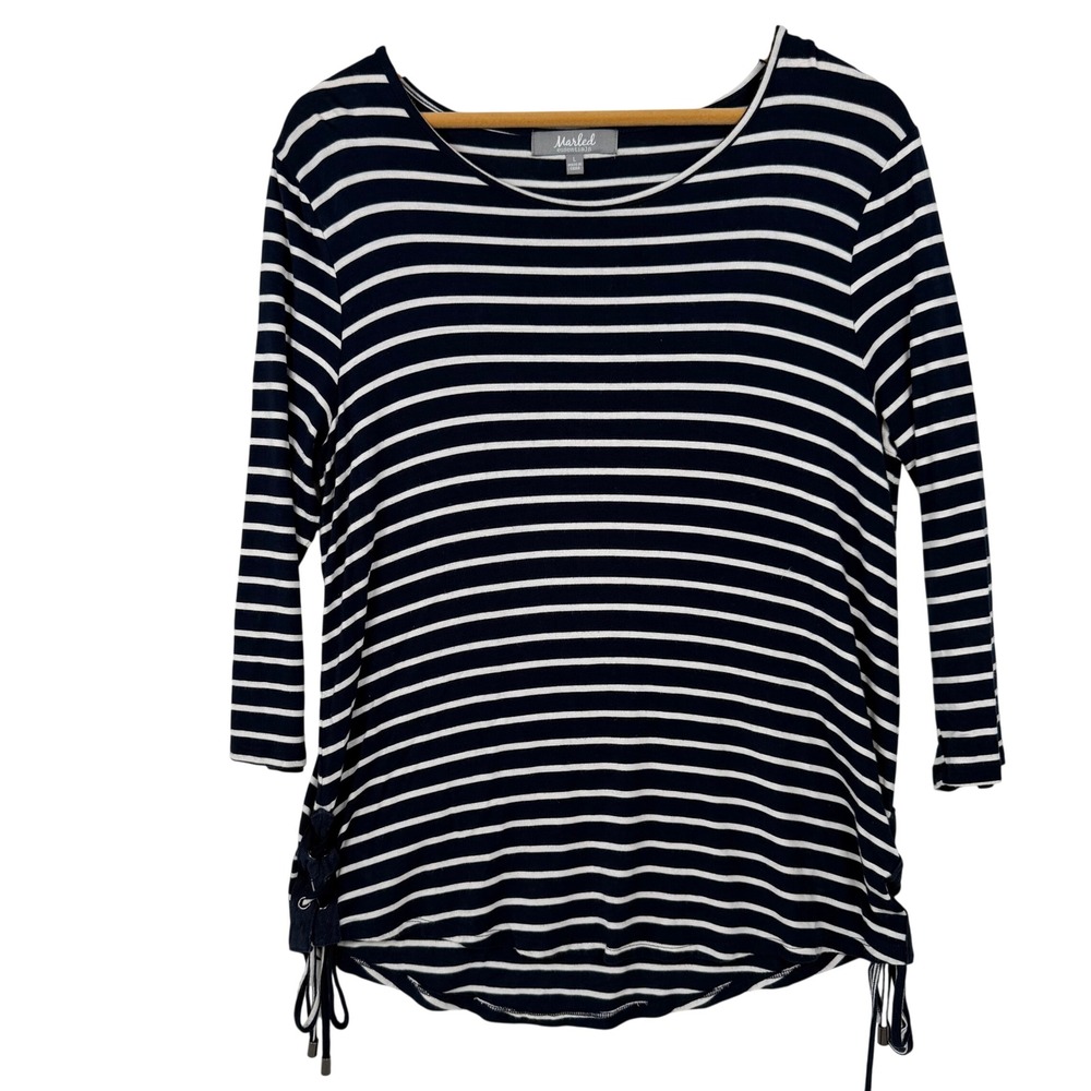 Marled Essentials Top Womens Large‎ Blue White Striped 3/4 Sleeve Lace Up Side